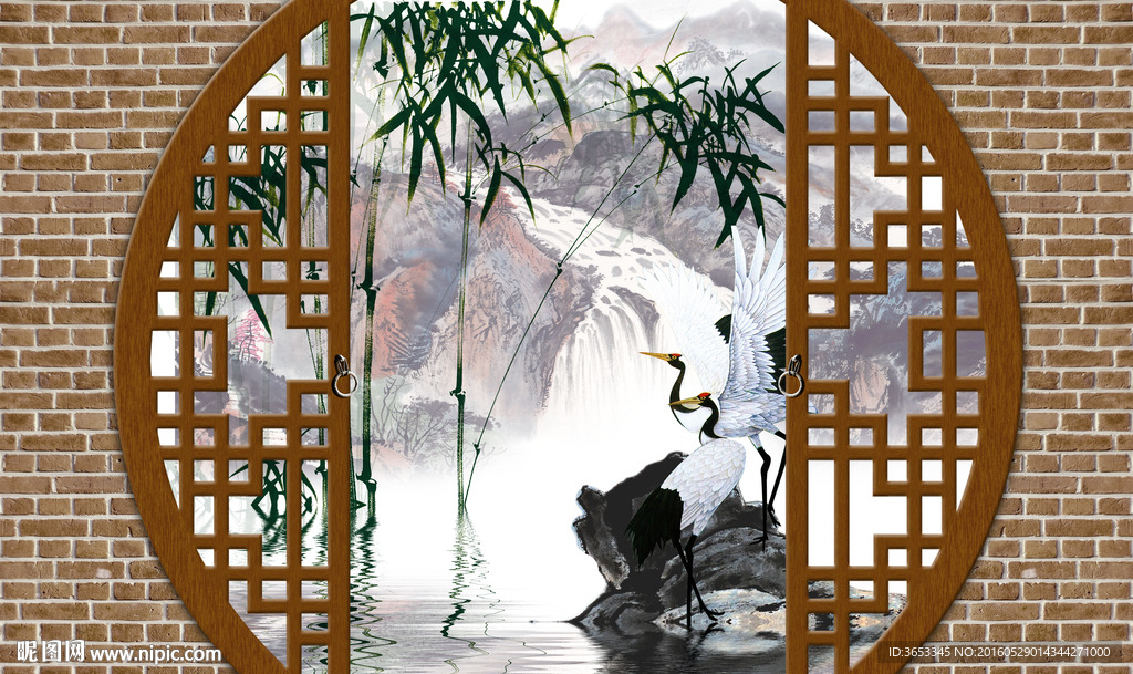 红砖拱门竹叶屏风瀑布山水画册
