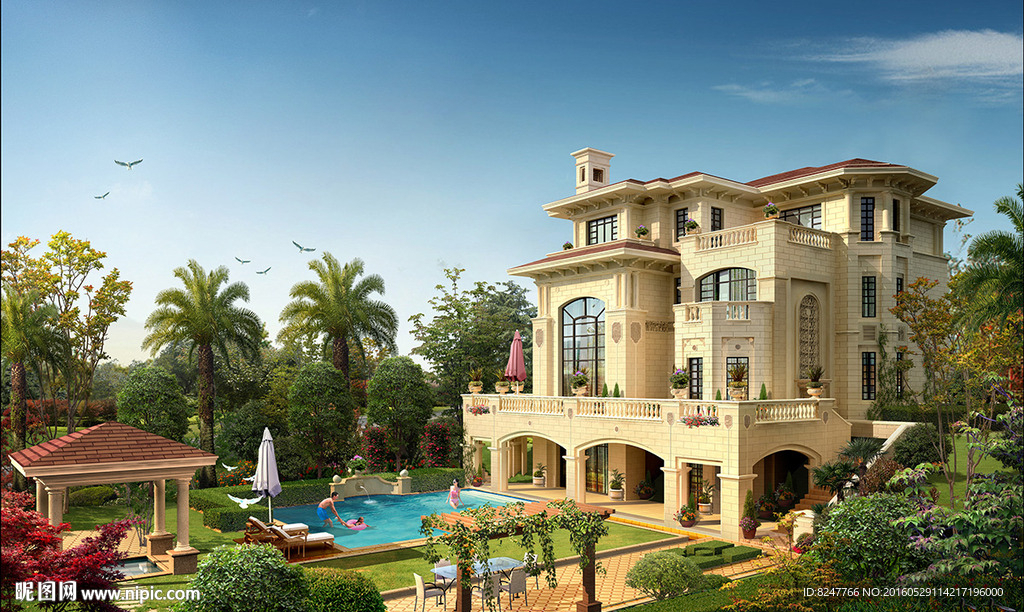 欧式别墅内廷游泳池建筑效果图