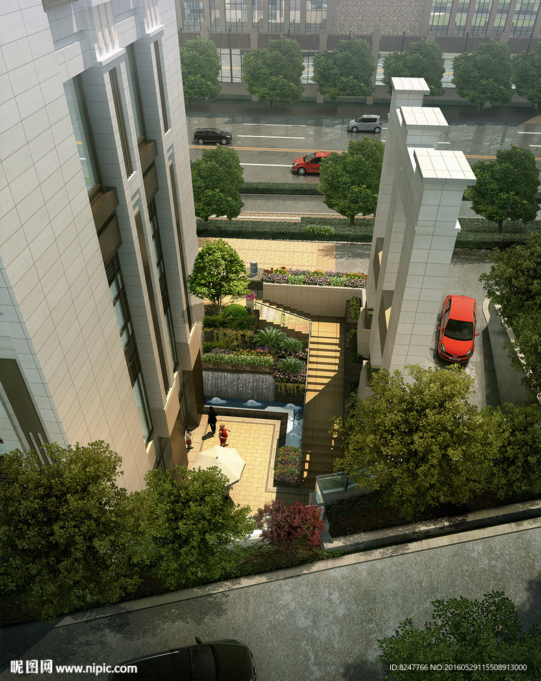 商务楼停车场入口鸟瞰建筑效果图
