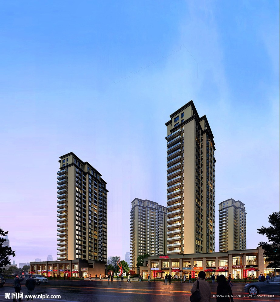 商业住宅步行街夜景建筑效果图