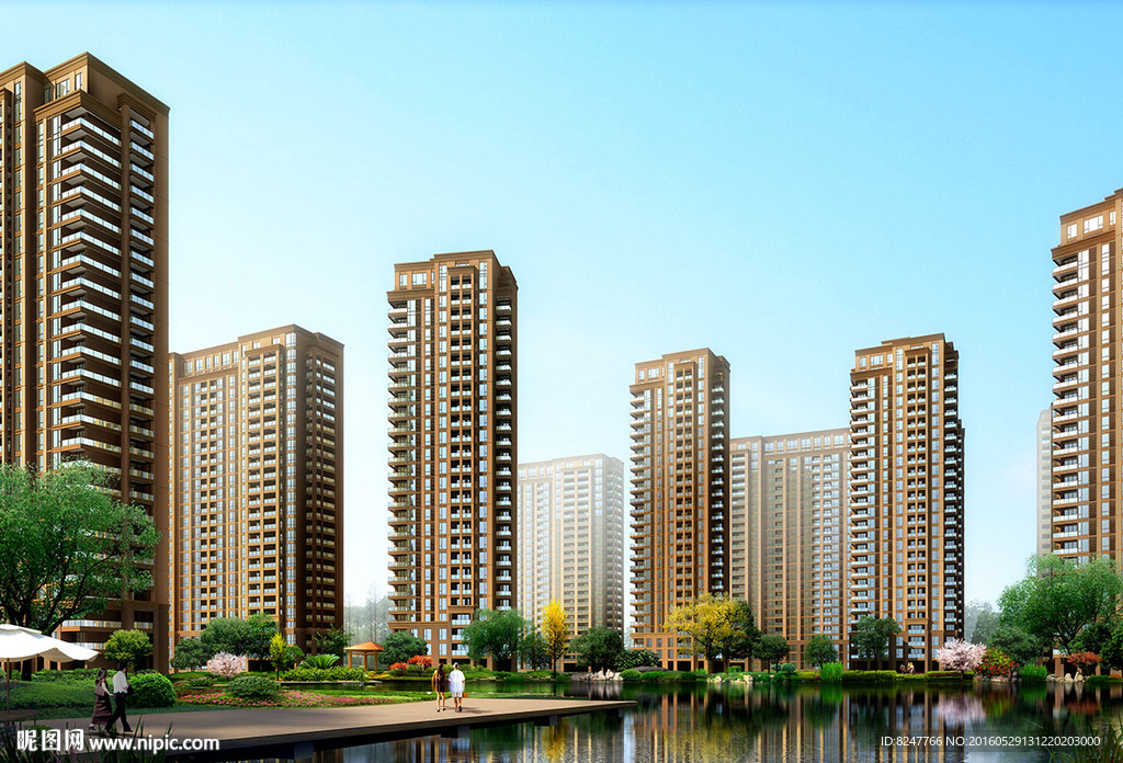 商务住宅内廷湖面建筑效果图