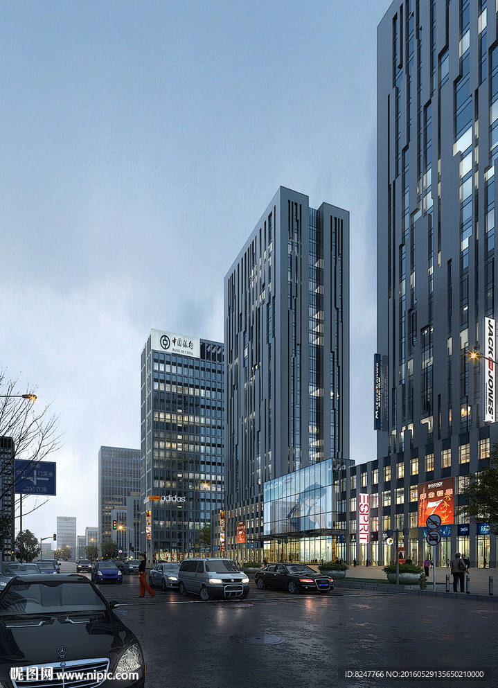 商业街商务办公夜景建筑效果图