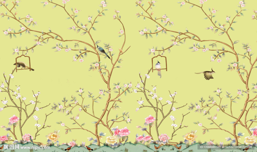 手绘花鸟背景墙