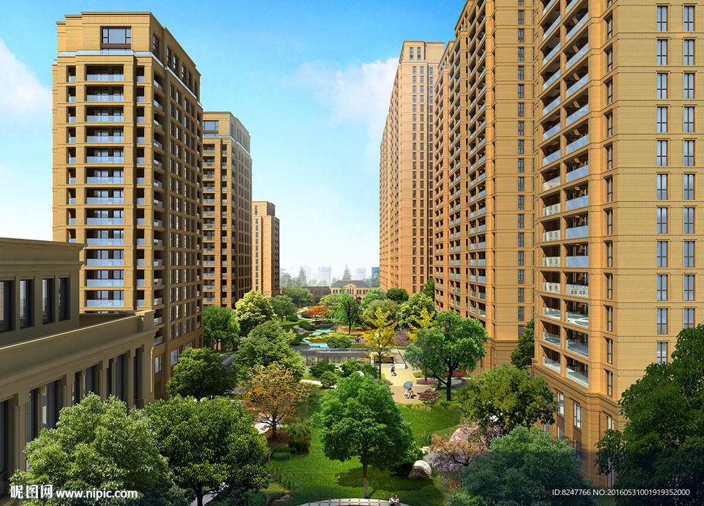 小区内廷高矮灌木建筑效果图