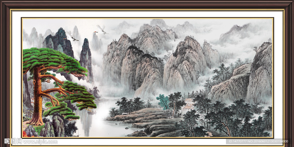 水墨山水画 迎客松