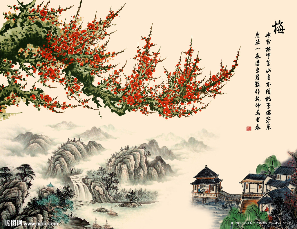 国画梅花电视背景墙