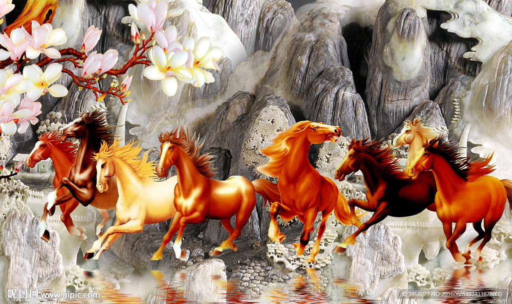 八骏雄风玉雕山脉兰花背景墙