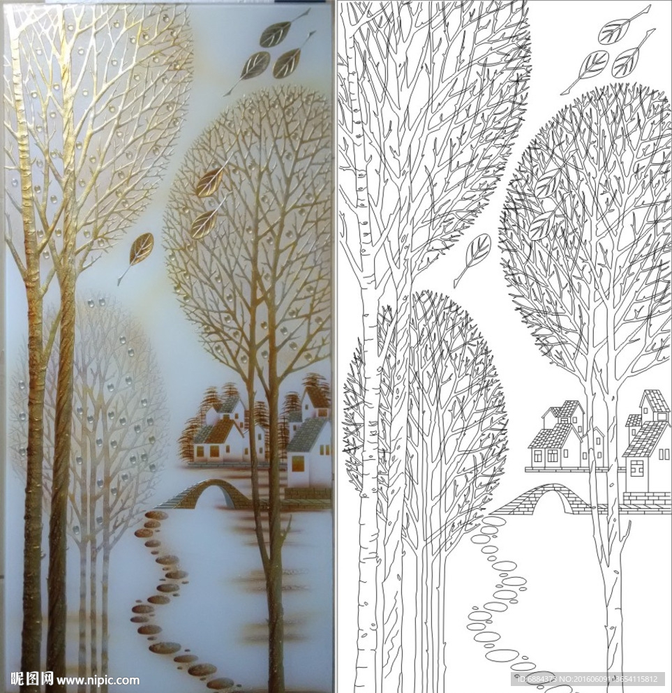 金色树 房子 小桥