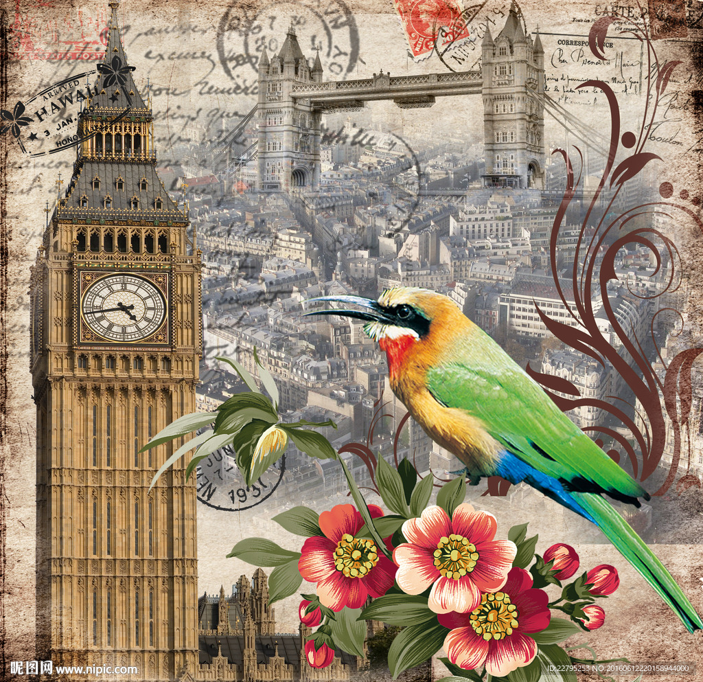 欧美复古花鸟塔