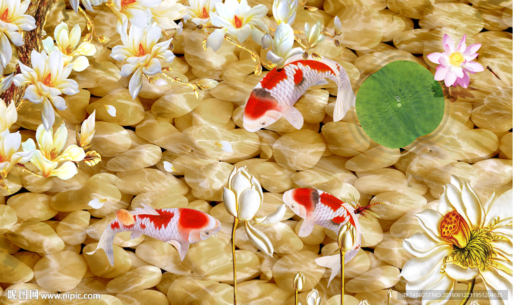 玉兰花玉石游鱼立体背景墙