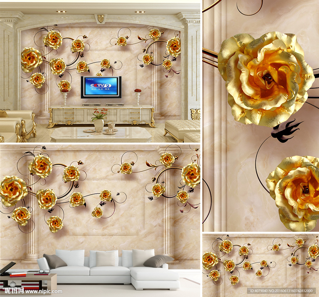 黄金玫瑰罗马柱电视沙发背景墙
