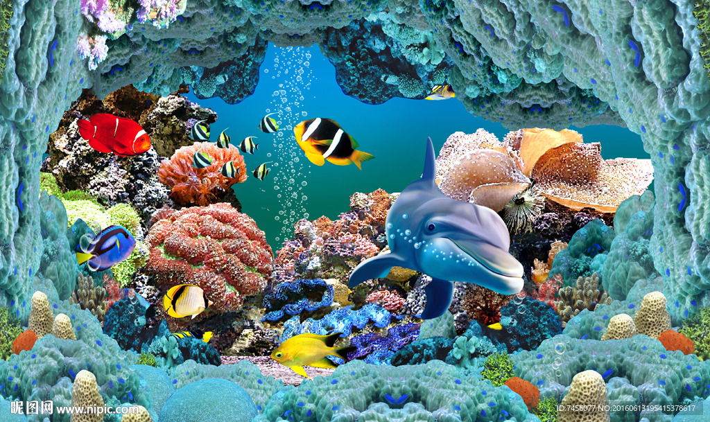 海底世界鲨鱼海藻立体背景墙