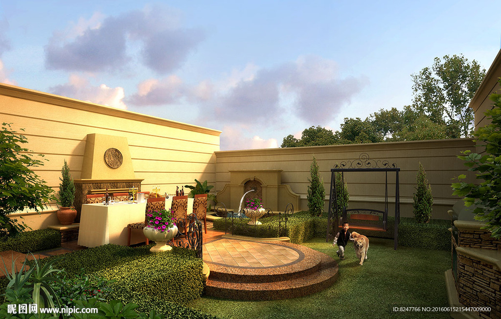 别墅后花园黄昏建筑效果图