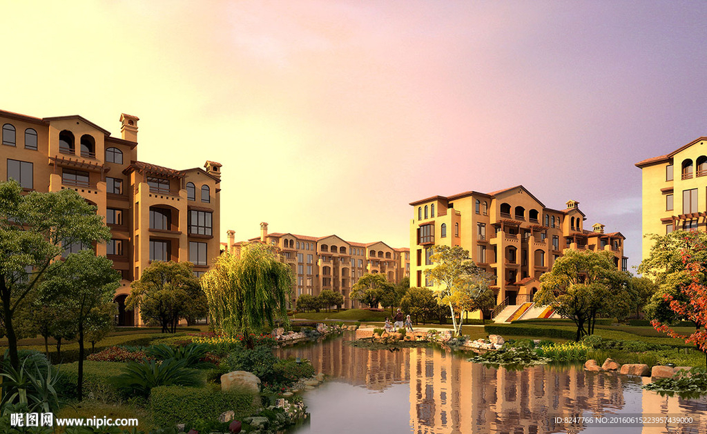 别墅区内廷小湖花园黄昏建筑效果