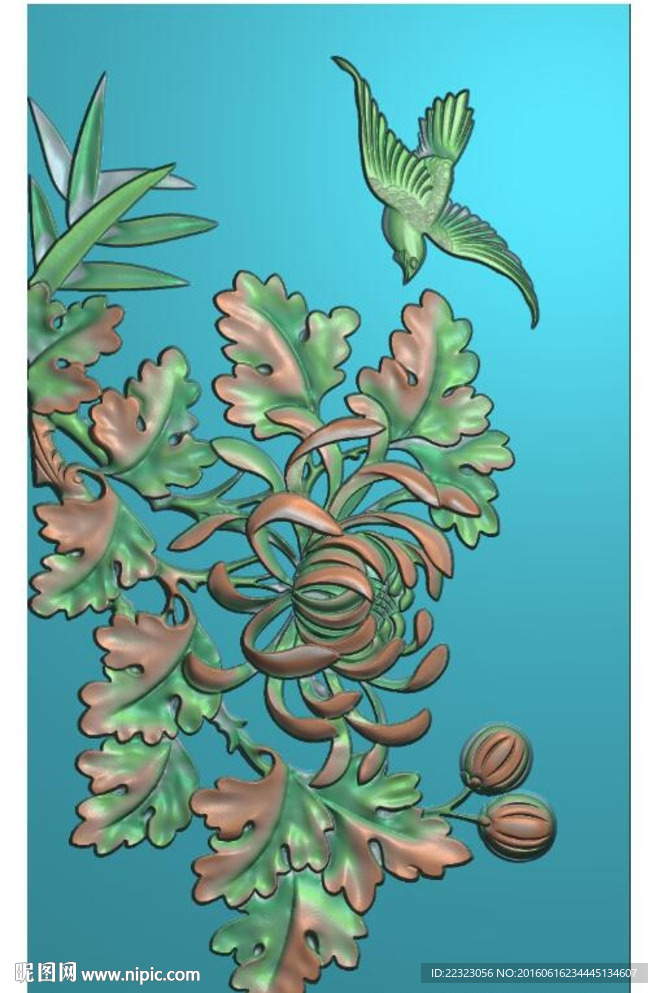 花鸟挂件46牌菊花鸟精雕图浮雕