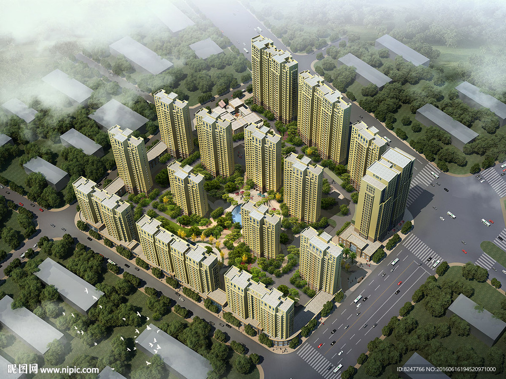 住宅区白天鸟瞰建筑效果图