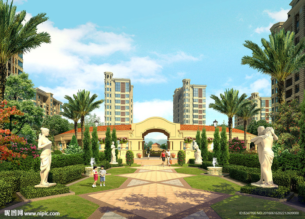 住宅区后花园雕塑建筑效果图