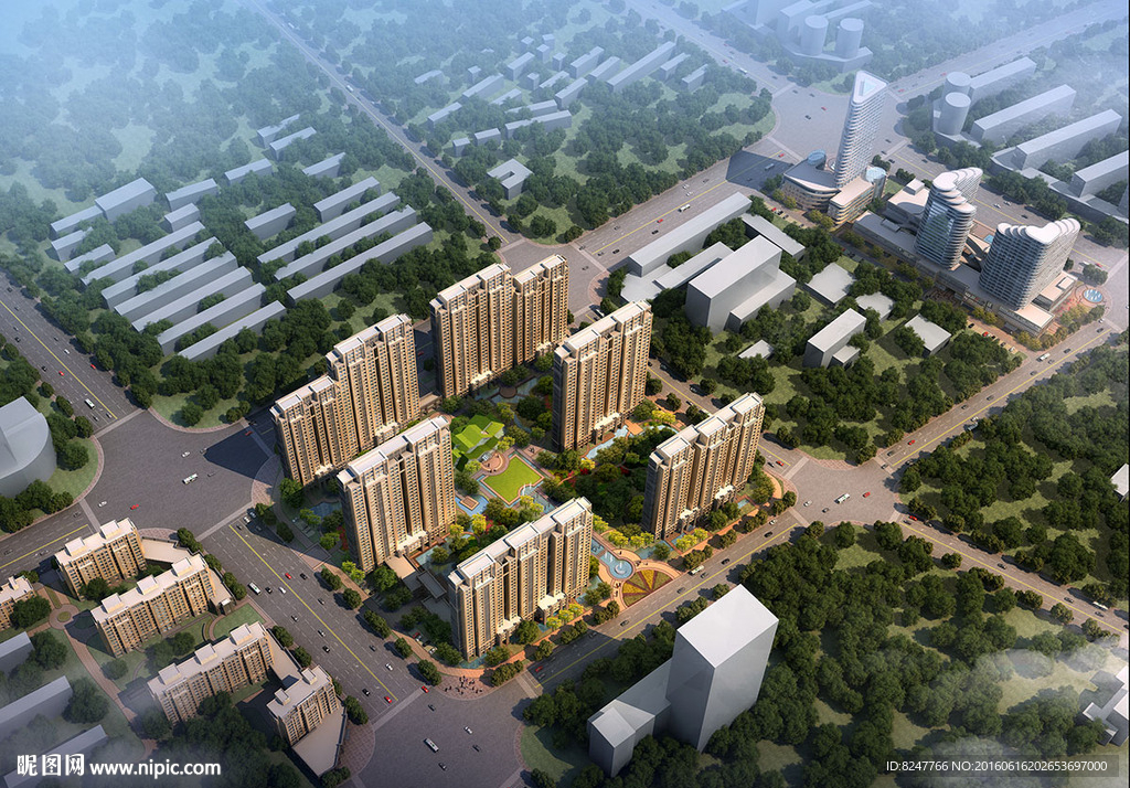住宅区鸟瞰建筑效果图