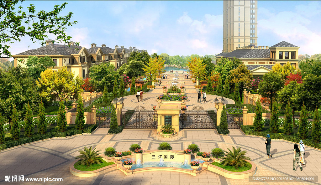 别墅区中心轴灌木建筑效果图