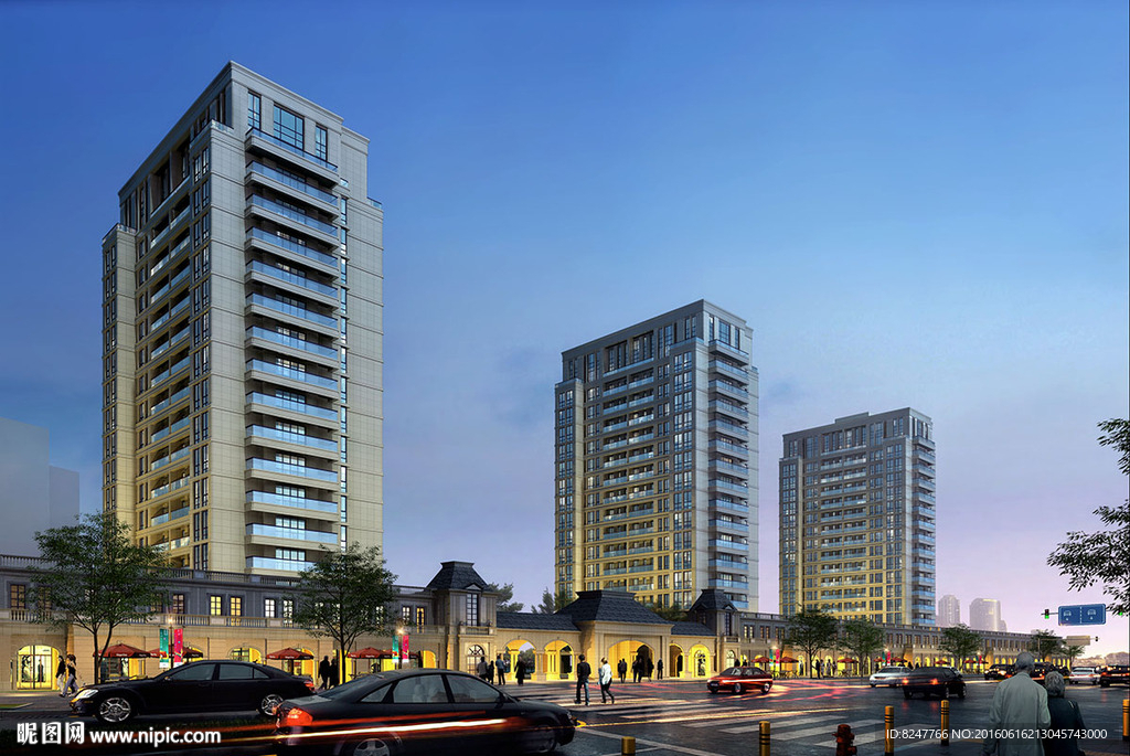 繁华商业街夜景建筑效果图