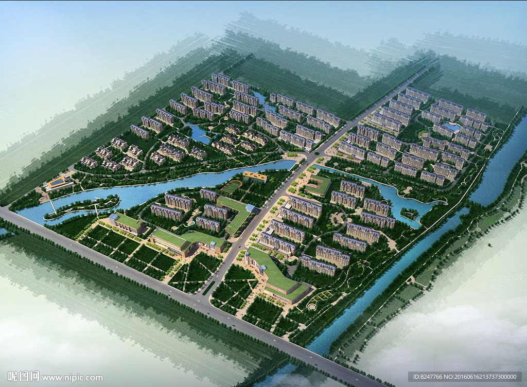 写意住宅鸟瞰别墅区建筑效果图