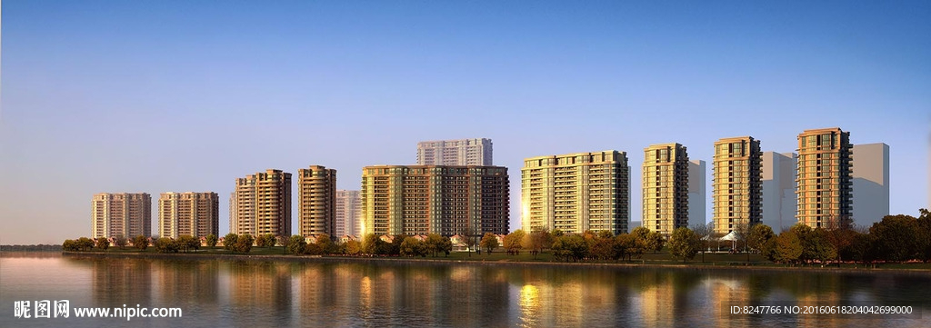 江边群楼黄昏建筑效果图