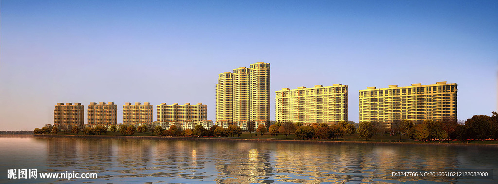 湖边商业住宅黄昏建筑效果图
