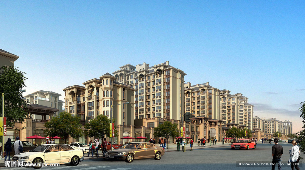 商业中心步行街白天建筑效果图
