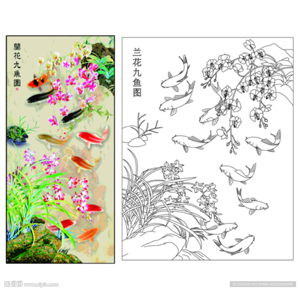 兰花九鱼图