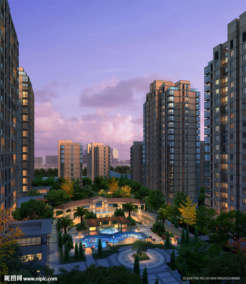 夜景游泳池鸟瞰住宅建筑效果图