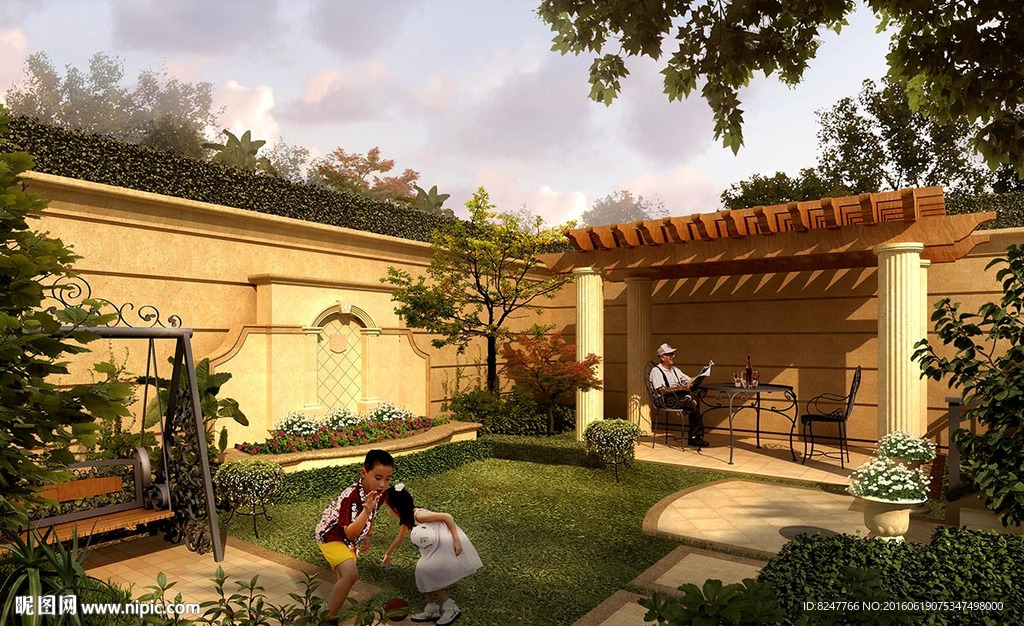 别墅内廷休闲区一角白天建筑效果