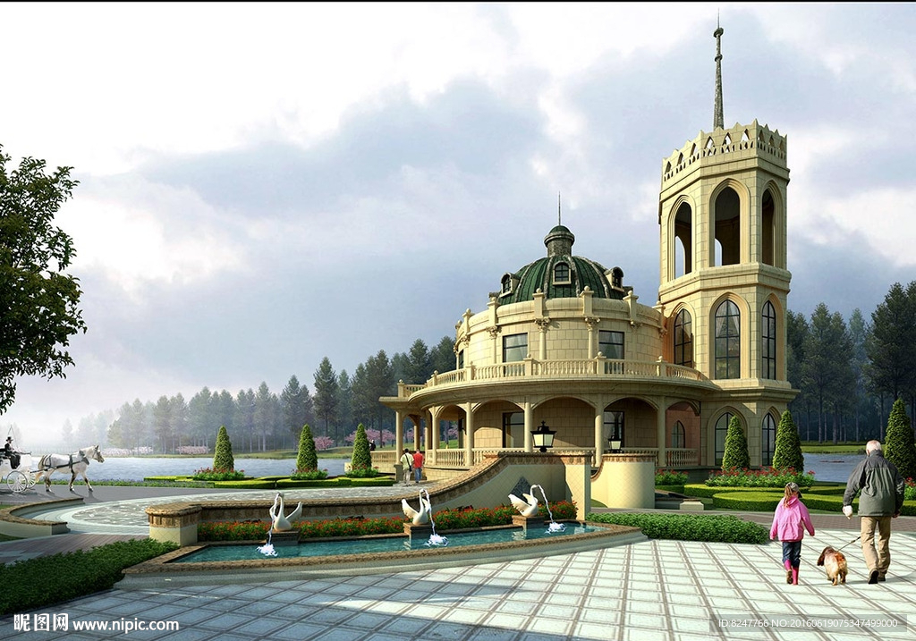 公园湖边建筑效果图