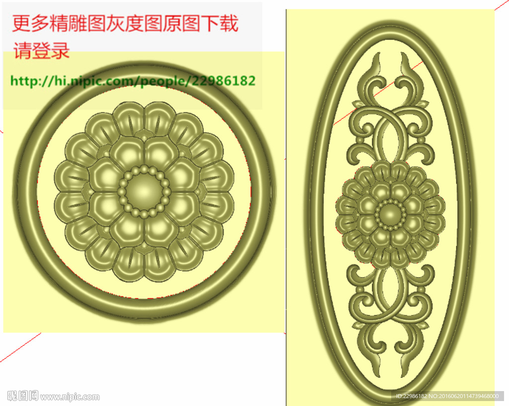 椭圆形洋花门上花精雕灰度浮雕图