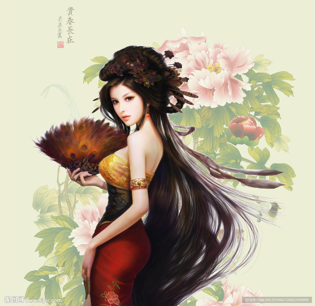 古装美女 牡丹背景