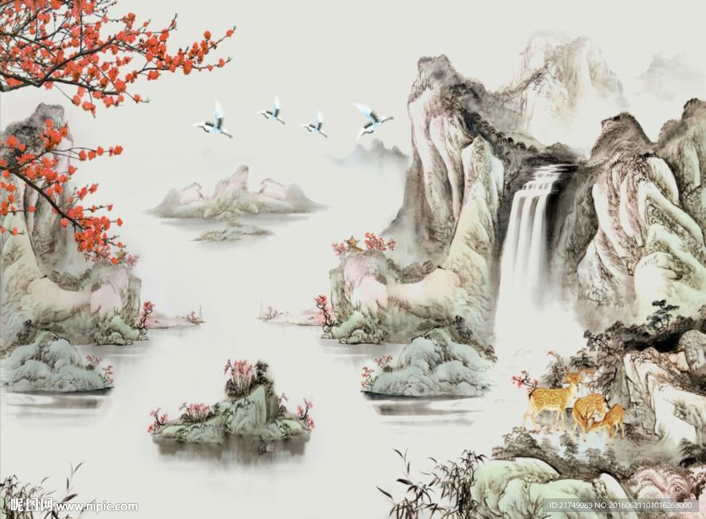 八方聚财山水梅花小鹿画