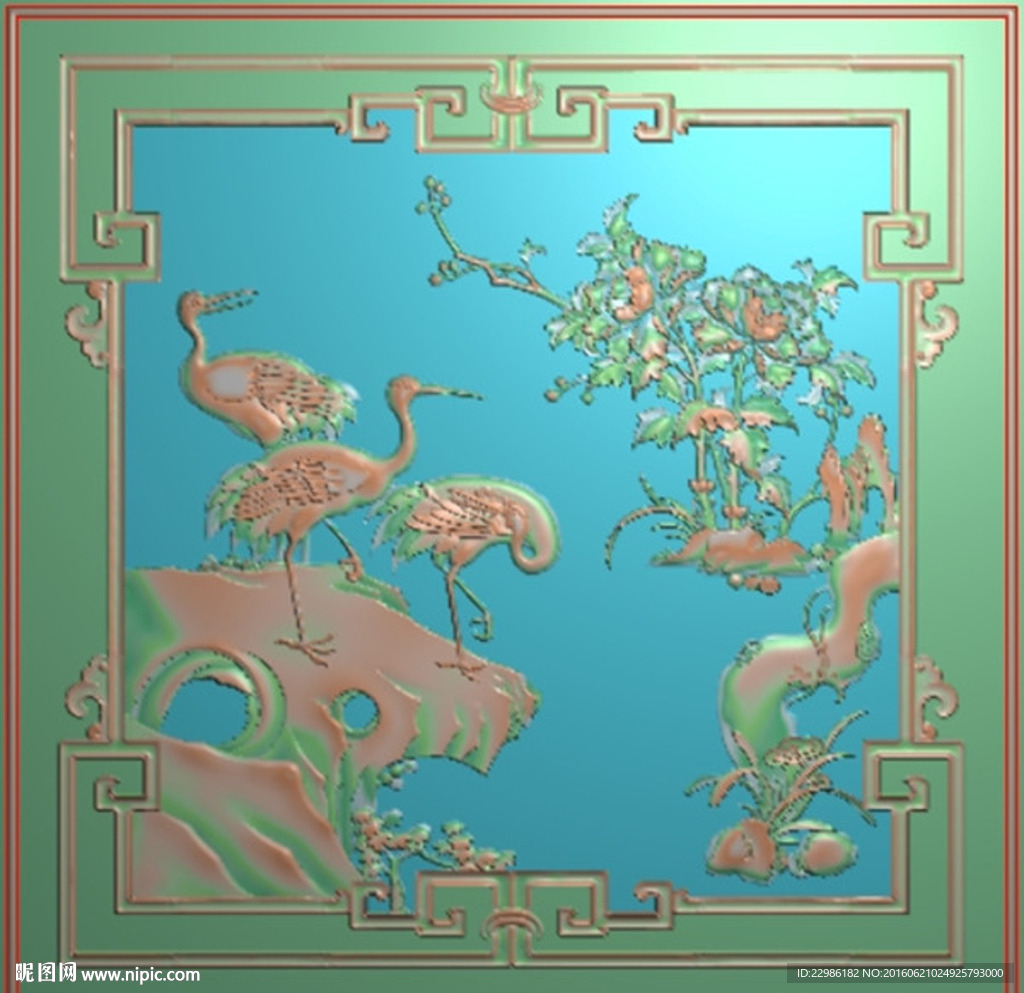 松鹤花鸟牡丹精雕图