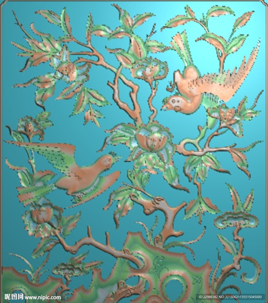 牡丹花鸟精雕图