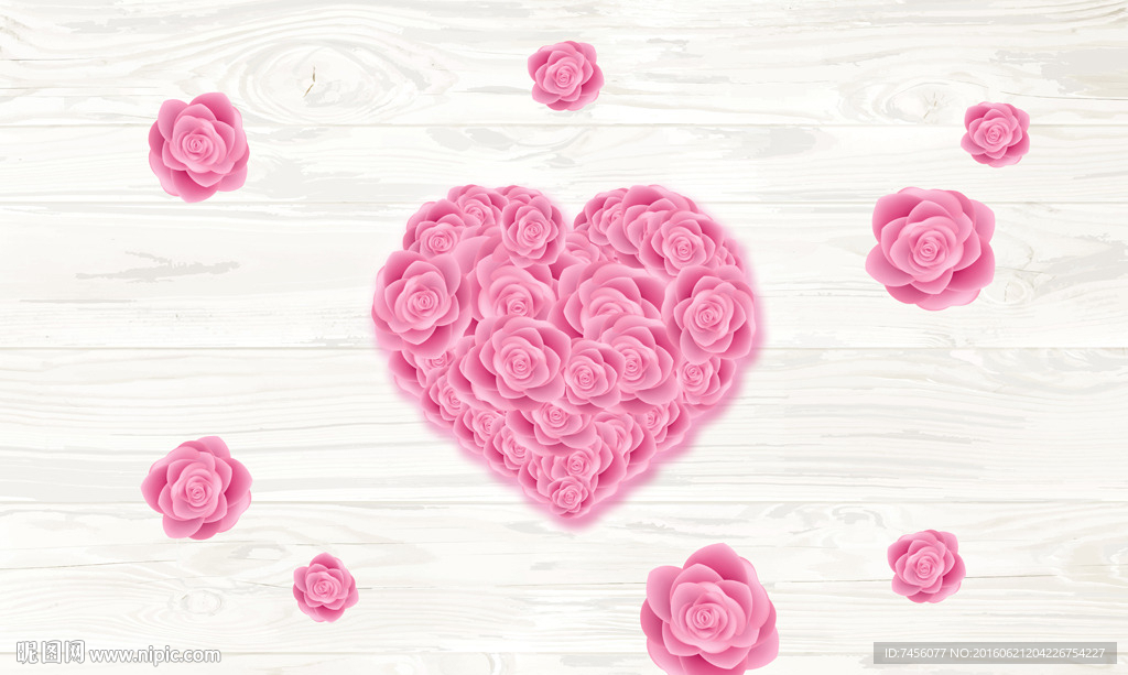爱心玫瑰花木纹背景墙