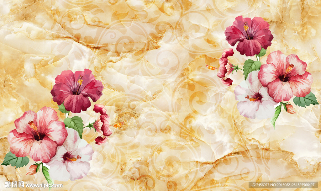 欧式手绘花卉大理石背景墙