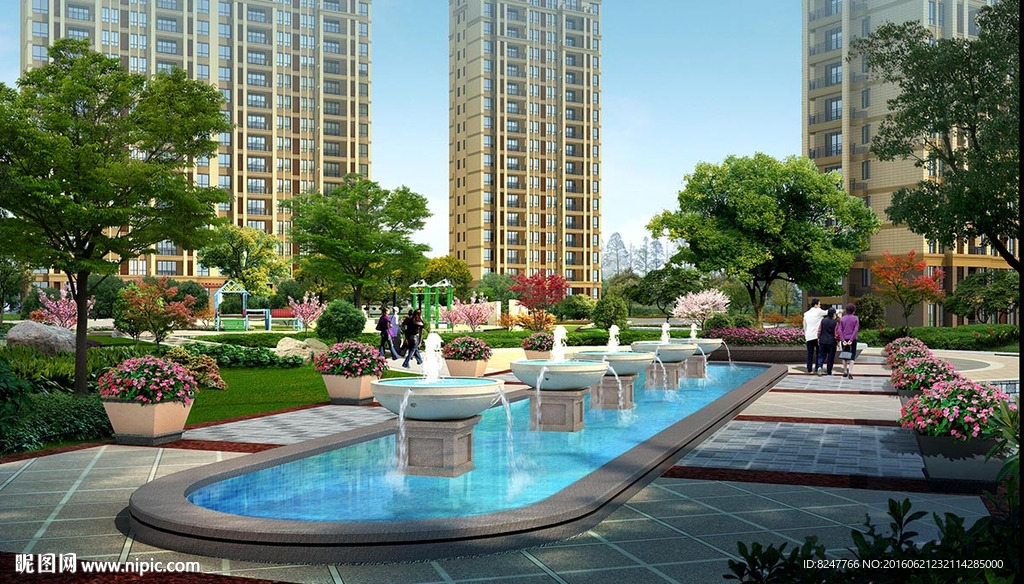 喷泉水池花坛花园建筑效果图