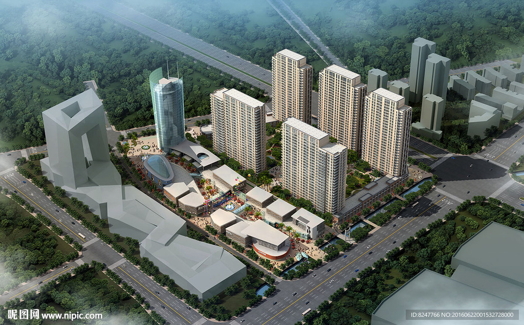 新规划城市楼盘鸟瞰建筑效果图