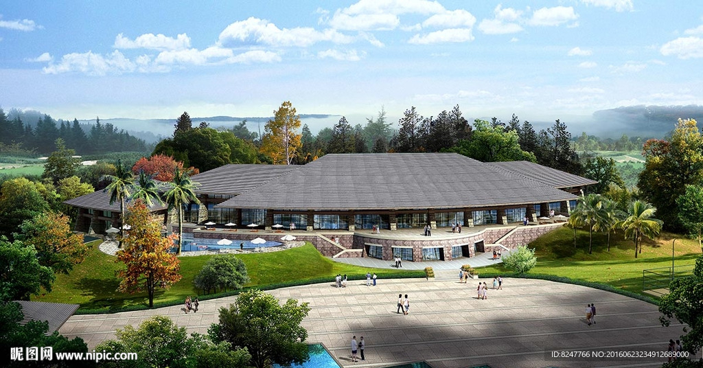 古典现代风格休闲会所鸟瞰建筑效