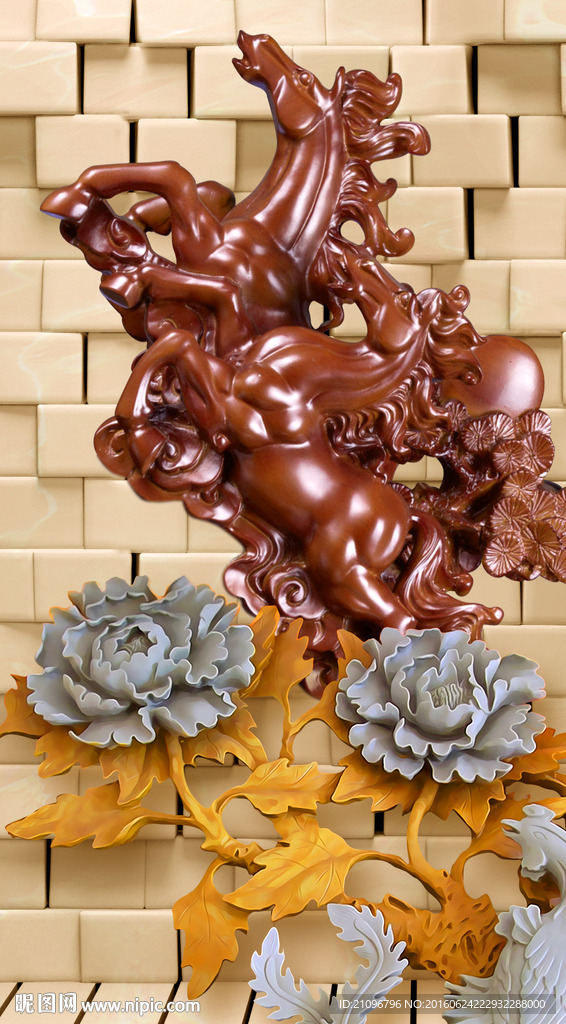 木雕玄关牡丹骏马