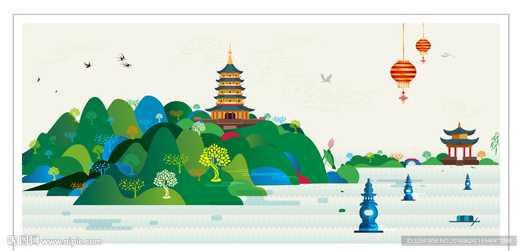 西湖美景 三潭印月 西湖插画