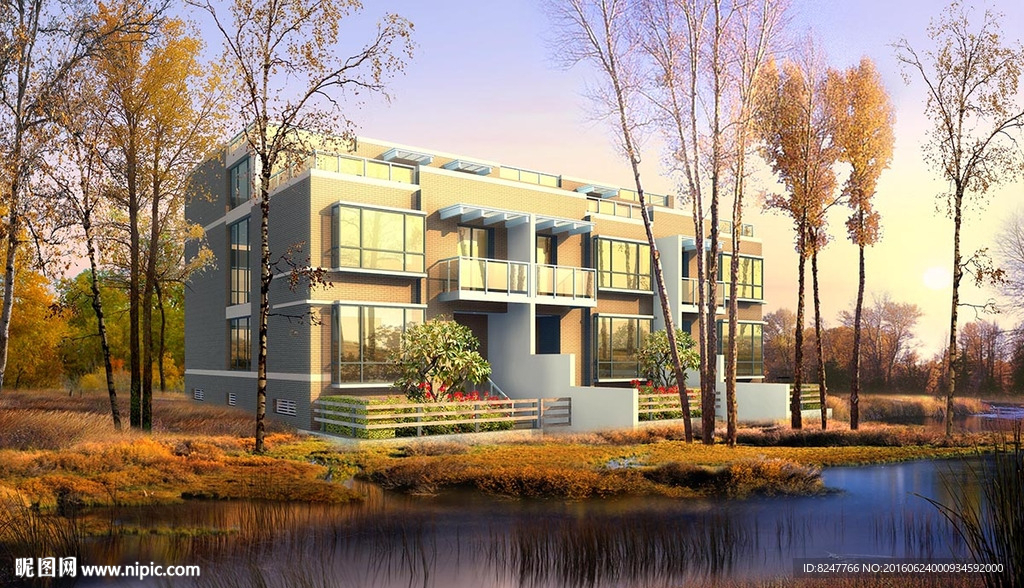 秋景黄昏别墅建筑效果图