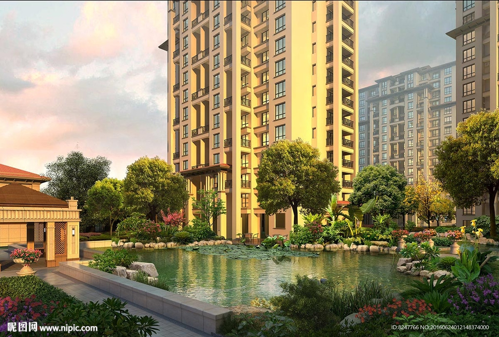 住宅区水池睡莲景观建筑效果图