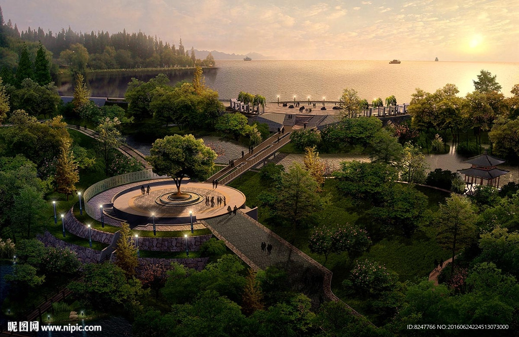 黄昏海边公园景观效果