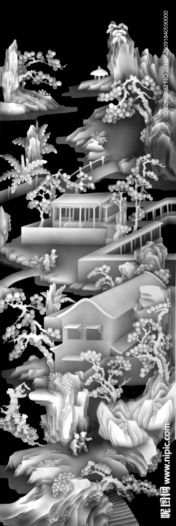 山水屏风顶箱柜浮雕灰度图