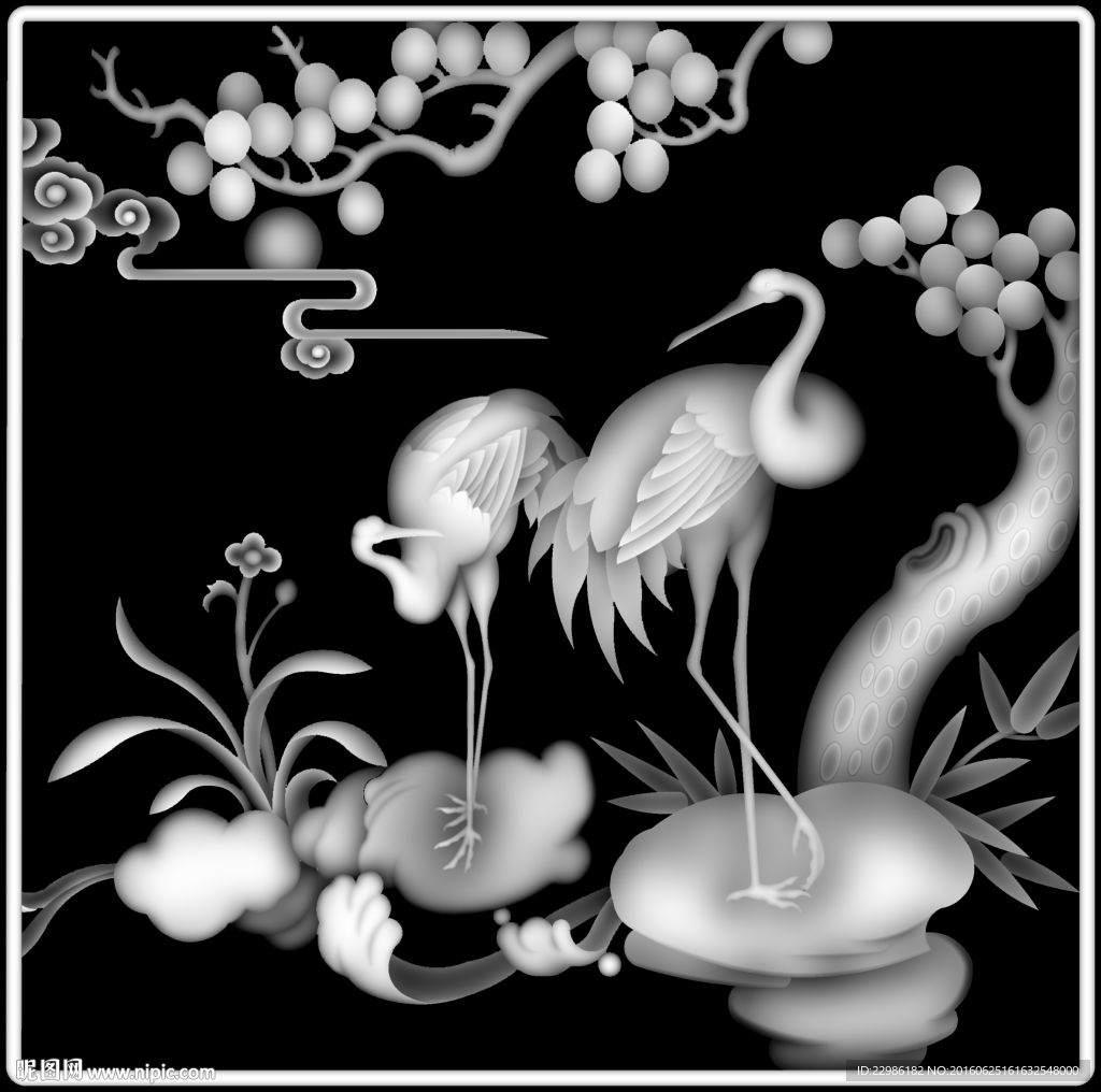 松鹤延年沙发仙鹤兰花浮雕灰度图