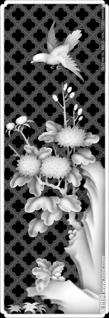 菊花花鸟浮雕灰度精雕图